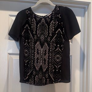 Rebecca Taylor Black 100% Silk Top with Beige Lace-Style Front and Back Panels